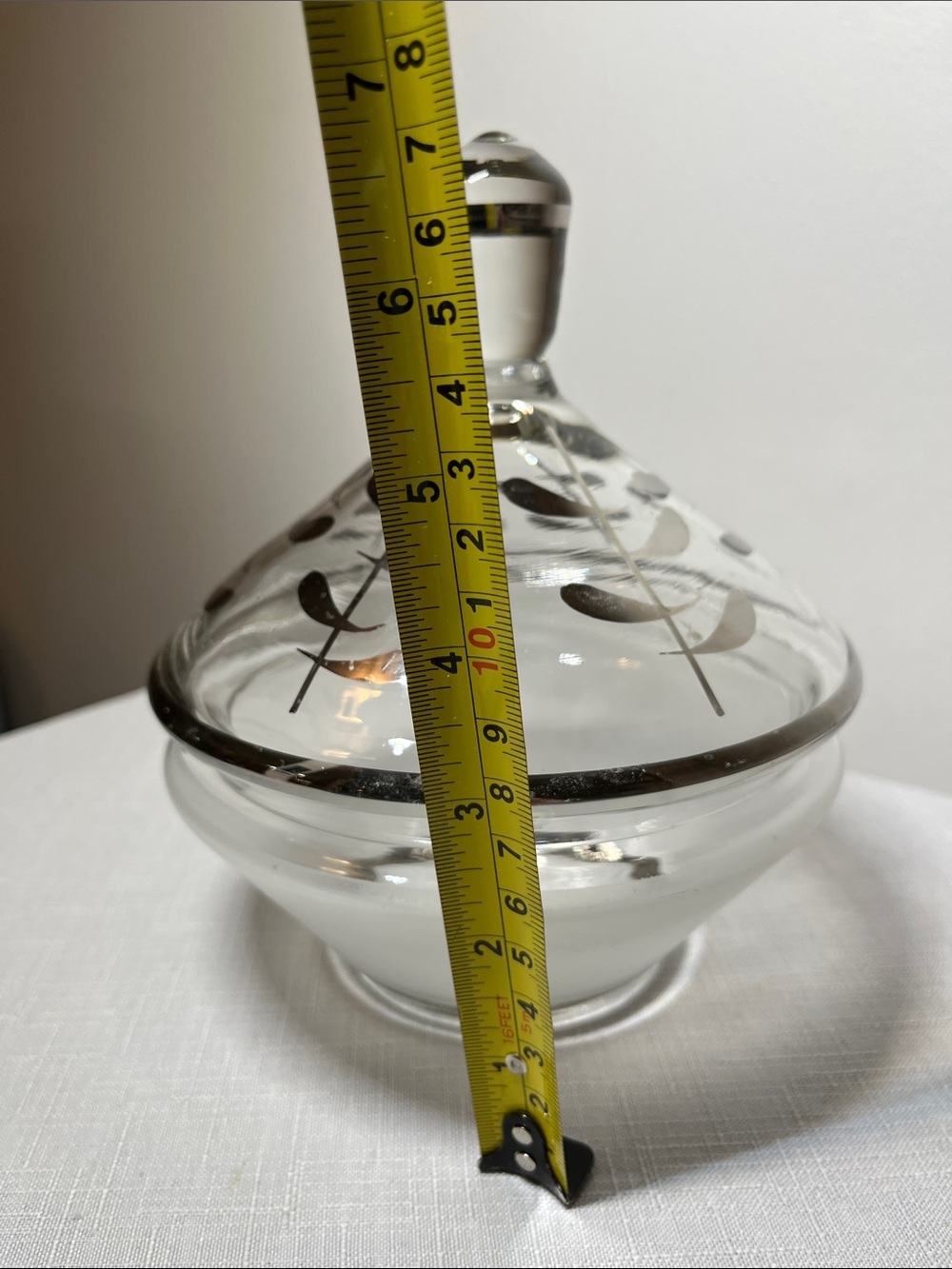 Vintage Clear Glass Lidded Candy Dish with Silver Leaf Motif - Picture 7 of 10